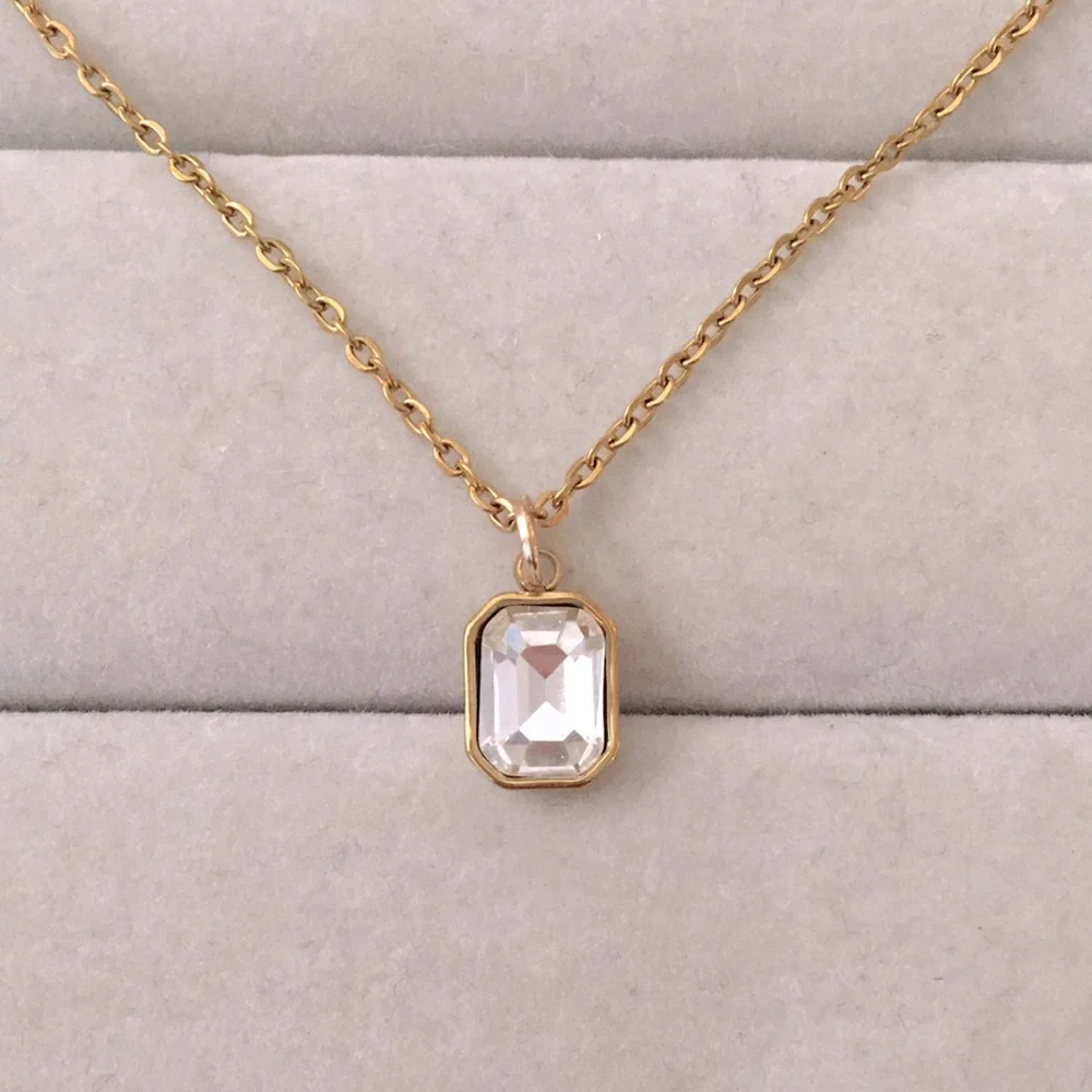 Clear Diamond Crystal + Gold Emerald Cut Drop Pendant Necklace